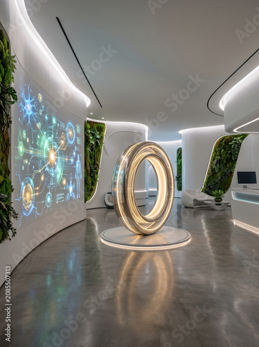 Sleek futuristic medical clinic interior with glowing circular MRI scanner bed and illuminated human body hologram projection on wall surrounded by lush plants and ambient blue lighting.