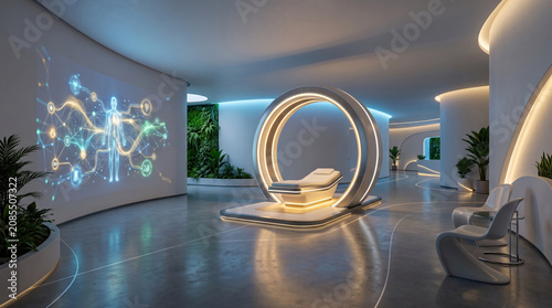 Sleek futuristic medical clinic interior with glowing circular MRI scanner bed and illuminated human body hologram projection on wall surrounded by lush plants and ambient blue lighting.