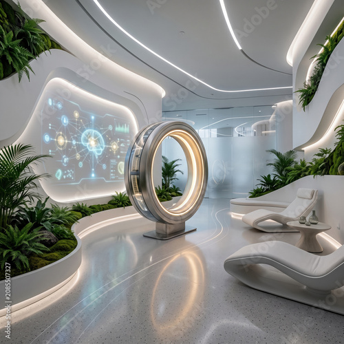 Sleek futuristic medical clinic interior with glowing circular MRI scanner bed and illuminated human body hologram projection on wall surrounded by lush plants and ambient blue lighting.