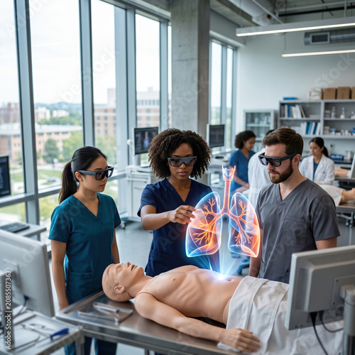 Diverse medical students wearing AR glasses examining glowing holographic lung anatomy projection above mannequin during advanced simulation training session in bright university medical lab.