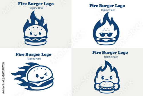 Cuadro en lienzo 4 Premium Modern Minimalist Mascot Astronaut Fire Burger Logo Bundle Black and White Clean Vector