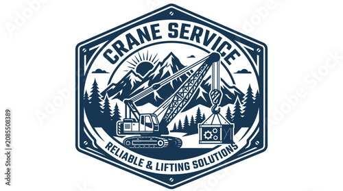 Crane Service Emblem, Construction Crane Lifting Load, Mountain Landscape, Industry Emblem