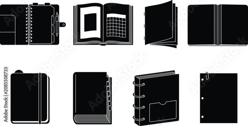 Foto Notebook and personal planner black silhouette icon set featuring open books dai