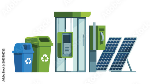 Eco-friendly city infrastructure elements featuring solar panels, recycling bins, and a telephone booth for modern urban sustainability.