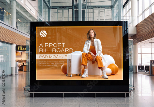Horizontal Billboard in Clean Airport Bright Interior Mockup