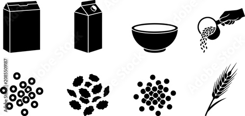 Breakfast Food Ingredients and Packaging Black Silhouette Icon Set