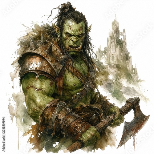 Watercolor orc warrior with battle axe near ancient ruins, concept of dark fantasy barbarian