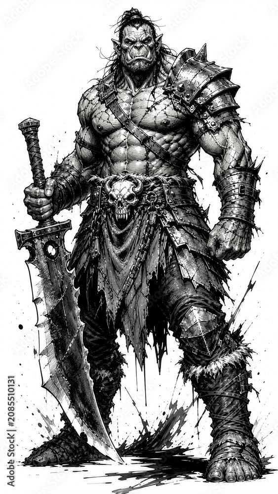 Fototapeta premium Muscular orc warrior with sword and skull belt, ink illustration, concept of dark fantasy barbarian