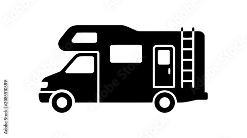 Vector illustration of black silhouette icon of a motorhome camper van with a ladder on a transparent background