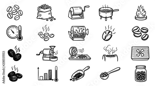 Obraz na płótnie Set of hand-drawn icons documenting the coffee bean roasting process from raw be