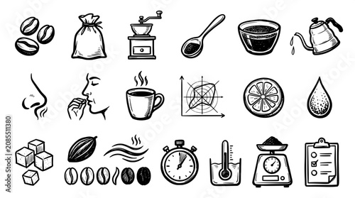 Billede på lærred Set of hand-drawn coffee and caffeine production icons and symbols with caffeine