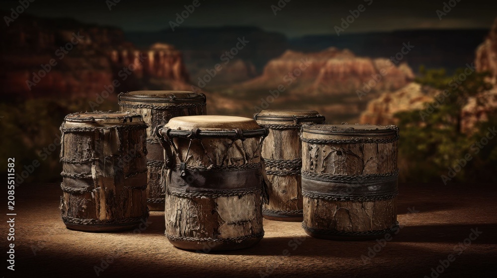 Fototapeta premium A Group of Natural Leather Bongo Drums with Textured Surfaces Set Against a Desolate Desert Landscape