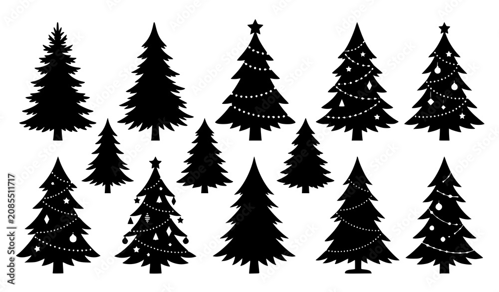 Obraz premium Christmas Pine Tree Silhouette Collection with Evergreen Holiday Forest Vector Illustration Set