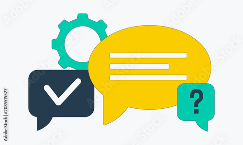 Flat illustration of customer support workflow with chat bubbles, question mark, checkmark and settings icon.