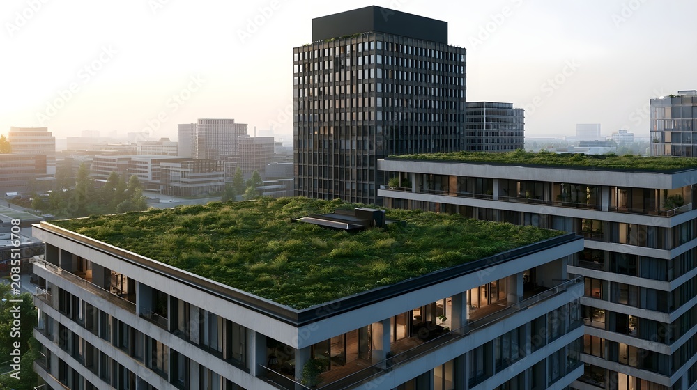 Obraz premium Modern buildings with green rooftops under soft daylight in an urban setting featuring clean architectural lines and sustainable design elements
