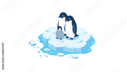 Group of three penguins, two adults and a chick, standing together on a melting ice floe, representing climate change and environmental loss.