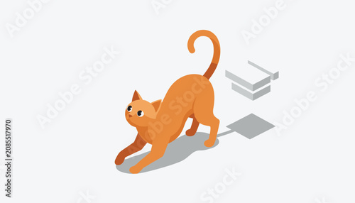 Ginger cat stretching its body with a curious expression near a stack of papers in a clean isometric household interior setting.