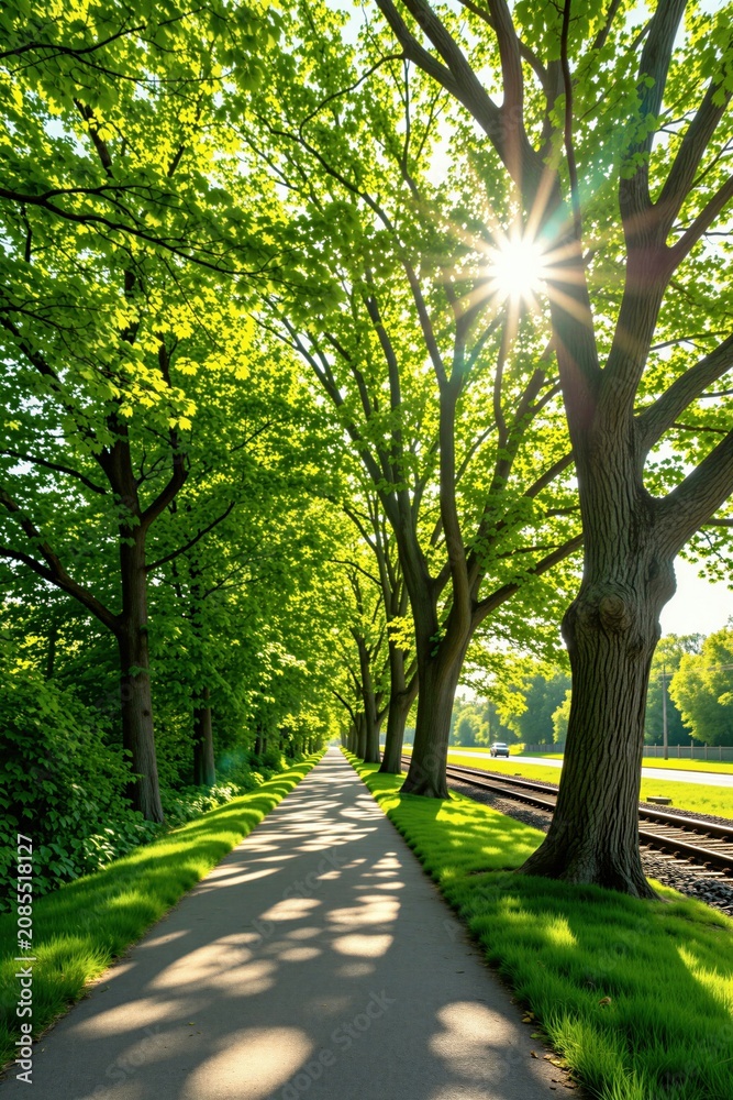 Fototapeta premium Sun shines through green trees onto paved path beside railway tracks. Lush grass borders pathway. Morning light creates dappled shadows. Car drives on road nearby.