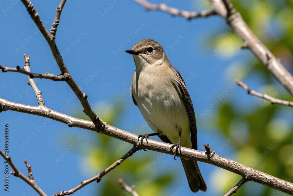 Obraz premium Small brown bird sits on tree branch against bright blue sky. Bird has delicate beak and pale chest feathers. It looks calmly to side with sharp eye, showing its natural habitat.
