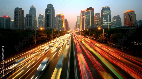 Long exposure city street at dusk with colorful light trails from moving vehicles