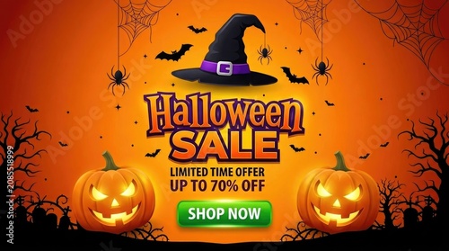 Halloween sale promotional banner with witch hat orange background pumpkins spiders and spooky haunted tree silhouettes.