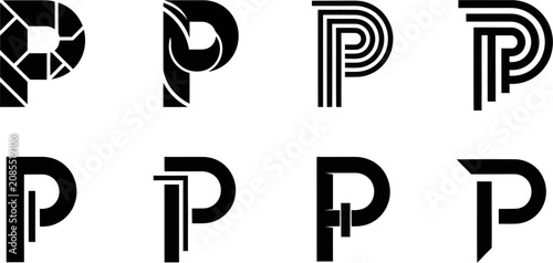 Vászonkép Geometric shapes forming stylized letter P on white background with black lines