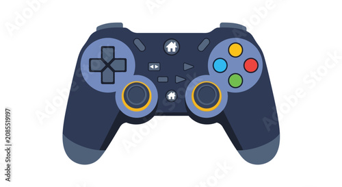 Flat vector illustration of a dark blue game controller with colorful buttons