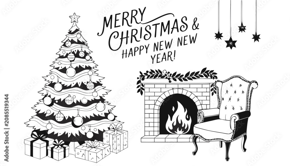 Fototapeta premium Detailed black and white line art illustration of a cozy Christmas scene with tree, gifts, fireplace, and armchair, wishing happy holidays.
