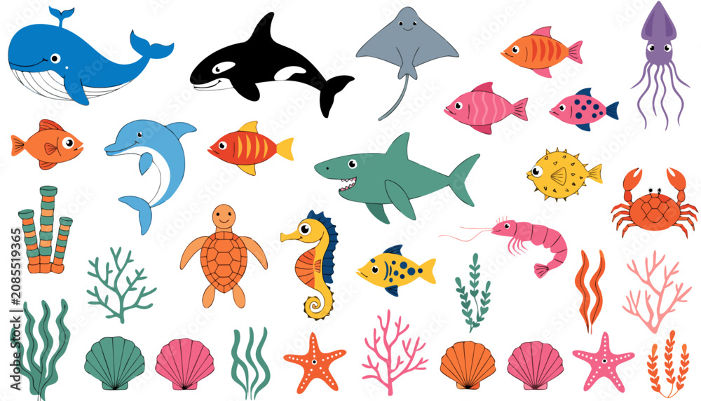 Obraz premium Flat vector illustration collection of diverse marine life, including whales, sharks, fish, and coral, on a clean white background.
