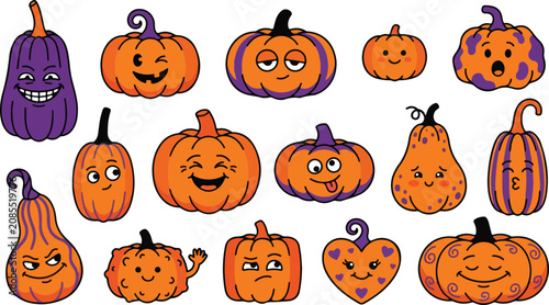 Foto Helloween pumpkins and gourds cartoon characters for halloween decorations