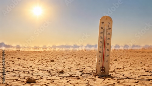 Thermometer stuck in dry cracked desert earth showing high temperature readings with the blazing sun visible on the horizon and heat haze shimmering above, underscoring the cracked earth