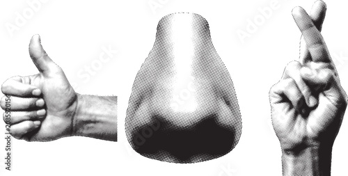 Foto Halftone graphic with thumb up gesture nose illustration and fingers crossed for