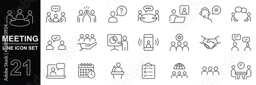 corporate meeting icon set. Symbols for meeting, seminar, online conference, schedule, teamwork, and office presentation in flat. Meeting icon set. Editable line icons. 