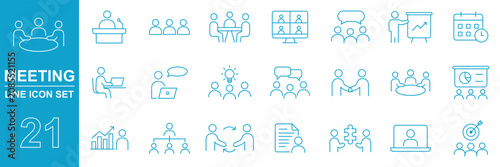 Business Meeting and Conference Table Icon Set in Solid Line and Hand Drawn Styles. Meeting collaboration icon set. , Top view of five people sitting around round table in negotiation meeting icon,