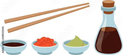 Obraz na plátně Soy sauce vector illustration set featuring dark liquid bottle wooden chopsticks