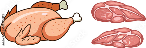 Tableau sur toile Chicken vector collection featuring a whole raw carcass bird with fresh boneless