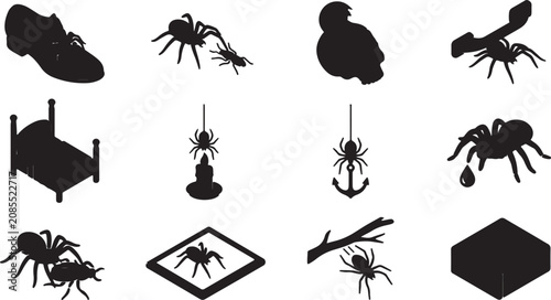 Foto Set of black spider icons and silhouettes showing various arachnid poses and cre
