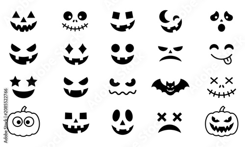 Halloween pumpkin and skull face icons set