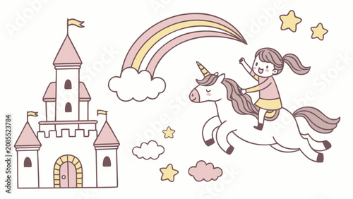 Cute unicorn elements for kids, featuring a little girl riding a magical horse with wings, a castle, and a rainbow.