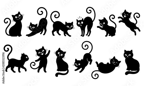 Black cat silhouettes in various poses and expressions