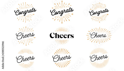 Collection of celebratory congrats and cheers typography designs with sunburst lines.