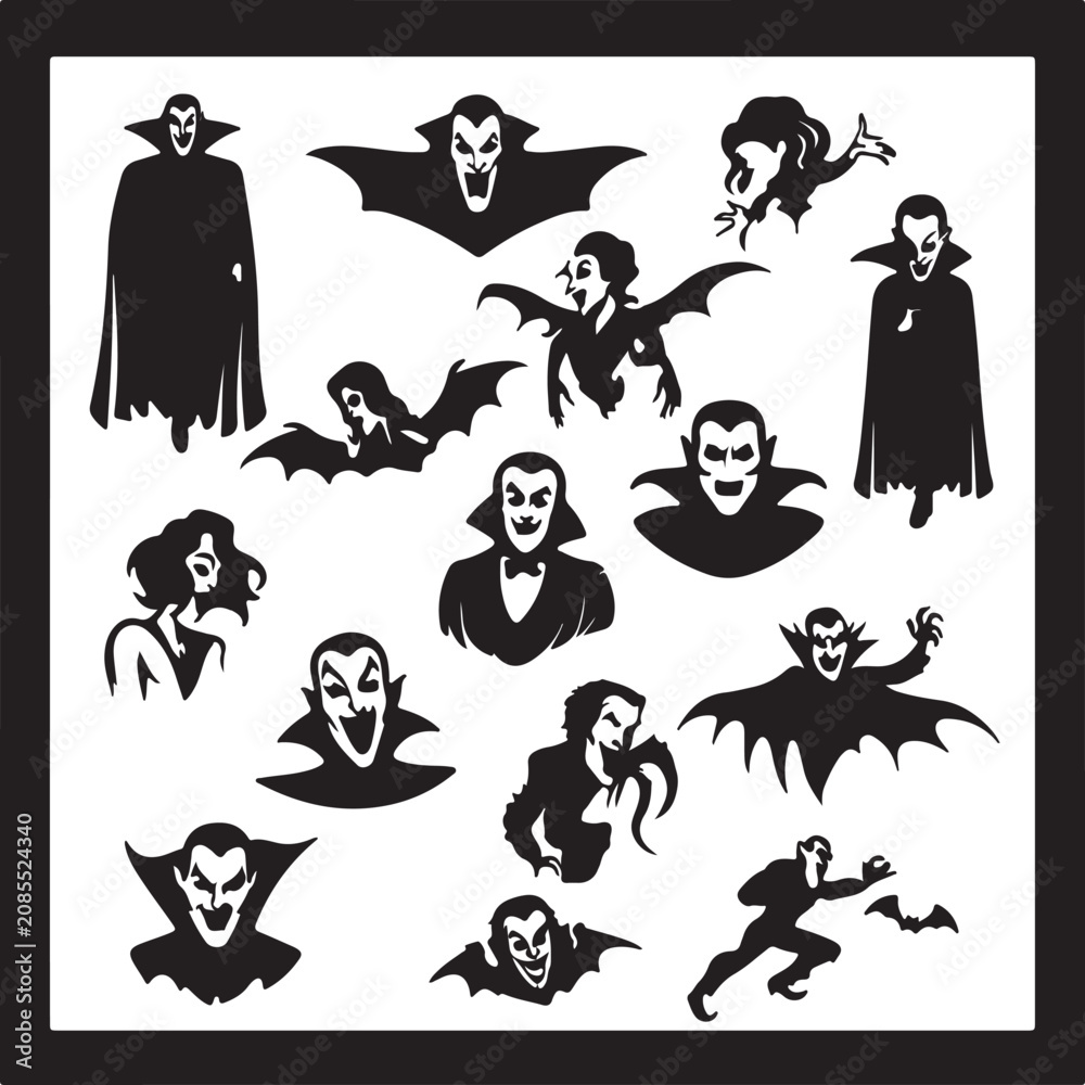 Obraz premium Set of black vampire silhouettes with capes and bat wings for halloween party design elements collection