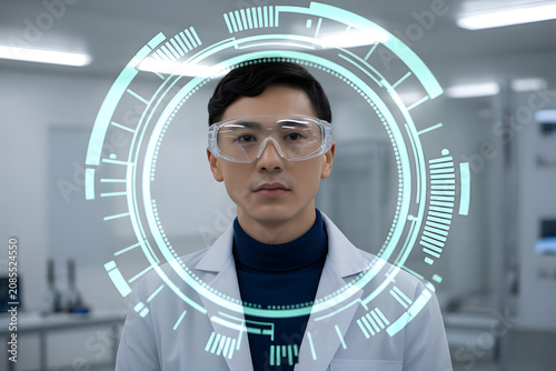Futuristic scientist with digital interface in laboratory setting