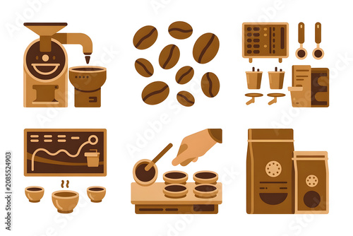Coffee beans and brewing equipment in warm brown tones