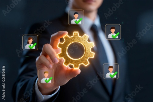 Businessman with Gear and Team Icons