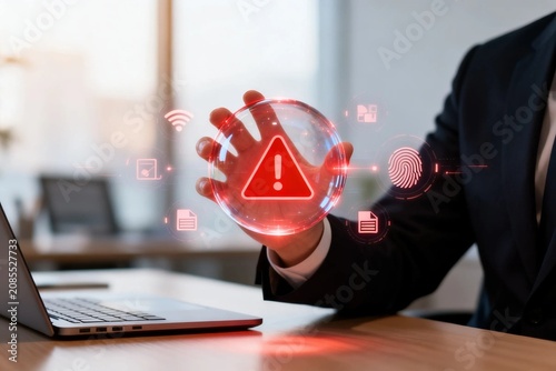 Businessman Holding Digital Warning Sphere