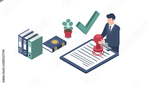 Professional businessman stamping a document on a clipboard, signifying administrative approval, compliance, and formal business processes.