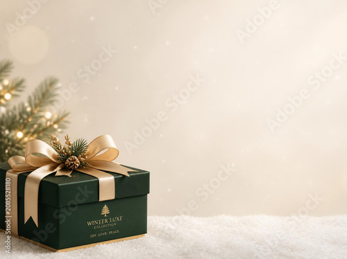 Elegant Holiday Gift Box with Pinecones and Ribbon on Snow with Festive Background Sparkling Lights for Luxurious Winter Celebration