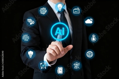 Businessman Interacting with AI Icons