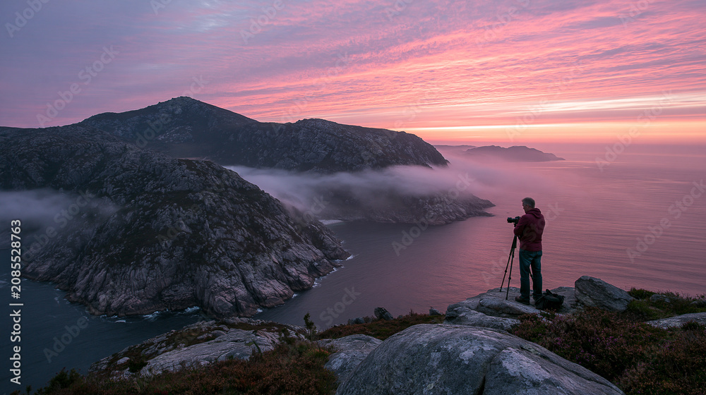 Fototapeta premium Sunset Adventure Over Coastal Mountains: Dramatic Sky and Silhouettes in Nature Photography